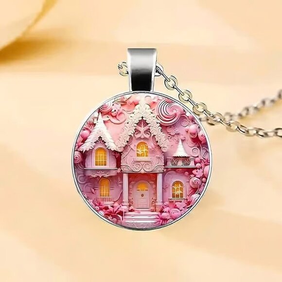 Silver PINK VICTORIAN CHALET Castle Cabochon Pendant Necklace - Picture 3 of 3